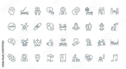 Help and support in stress, wellbeing thin line icons set vector illustration. Symbols of self mind hygiene and mental health to heal stress problems and depression, psychology assistance and therapy