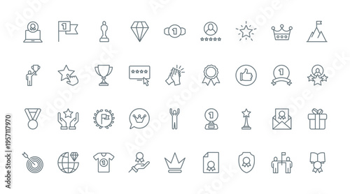 Awards thin line icons set vector illustration. Outline black trophy badges simple collection, premium prize of best quality and trophy of winner, gold stars, diamond and cup reward, crown and laurel