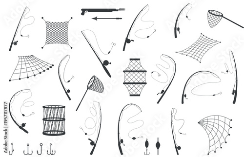 Black fishing tools. Fishing rods and nets for commercial fishing, floats and hooks, landing nets, harpoons with arrows. Hobby equipment, sapid vector set