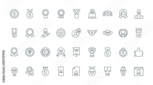 Medals for winners line icons set vector illustration. Abstract thin outline award symbols for premium product quality, success and competition or contest win, classic prize medallions collection