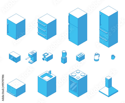 Isometric kitchen furniture. Different cabinets, sink and stove. Fridge, microwave, kettle and toaster. 3d coffee maker, cup and meat grinder, nifty vector clipart