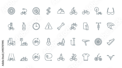 Bike shop, repair service and rent thin line icons set vector illustration. Linear pictograms of cyclists gears and electric or mountain bike elements, mobile tracker for bicycle sharing and rental