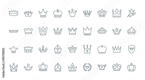 Crown line icons set vector illustration. Abstract thin outline luxury symbols of authority and royalty, simple royal tiaras of king or queen, chess badge crown, classic heraldic emblem on shield