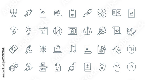 Copyright thin line icons set vector illustration. Outline black symbols of patents and intellectual property protection law and rights, license and trademark of brand, original information guarantee