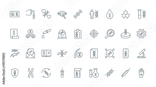 DNA research, medical tests in clinic thin line icons set vector illustration. Outline genetic diagnostics symbols, analysis of hair and blood samples, scientific technology for disease diagnosis