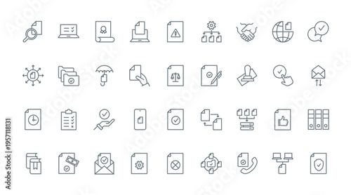 Document approval thin line icons set vector illustration. Outline certificate of quality guarantee for business product, paper with seal and stamp badge to approve audit form or report, agreement