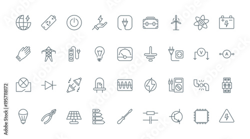 Electricity, electric circuit symbols thin line icons set vector illustration. Outline voltage power lines and lightning charge, protection gear and equipment of electrician and bulb, plug and socket