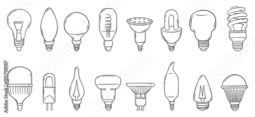 Doodle lamp bulbs. Different modern electric light bulb various shapes and styles. Smart electricity power, glass led technology lamps, neoteric vector set