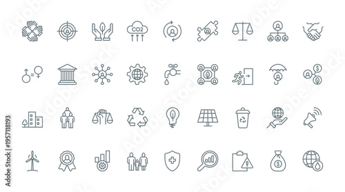 ESG thin line icons set vector illustration. Outline pictograms of environmental, social criterias for corporate management, investment and organisation of company, financial care, safety and ethics