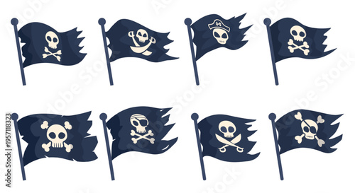 Pirate flags. Black jolly roger flag with crossbones, skull, sword or sabers. Piratin symbols, elements for ships, travel transport, vessels, trucks, sapid vector set