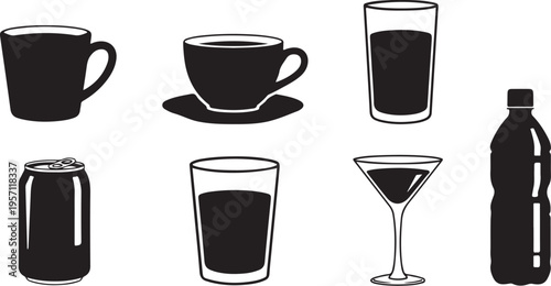 Black and white illustration of various drink containers and glasses