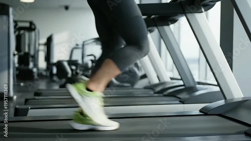 Close-up of an athletic woman's legs running on a treadmill in a bright, modern gym environment; cardio workout for healthy lifestyle and endurance.