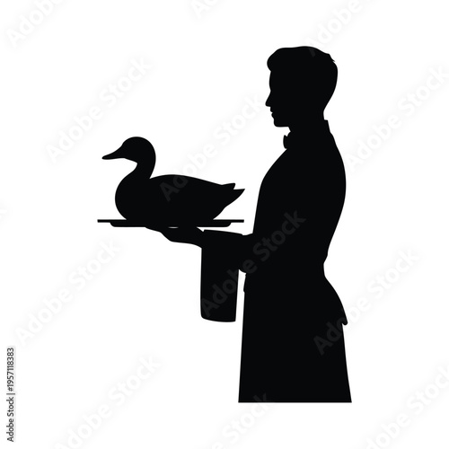 A silhouetted waiter presenting a duck on a serving tray