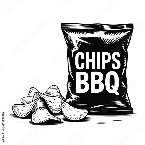 A black and white illustration of a bag of bbq flavored potato chips