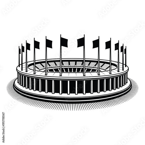 A black and white illustration depicts a circular stadium with flags