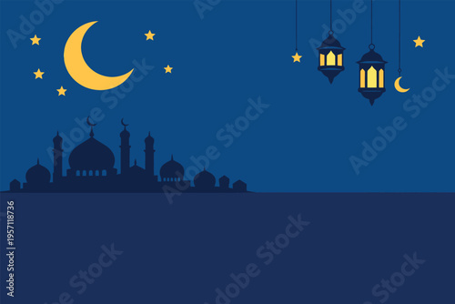 Ramadan Night Scene with Crescent Moon and Mosque Silhouette