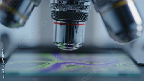 Professional laboratory microscope objective lens focusing on a glass slide with colorful specimen for medical research and scientific analysis.