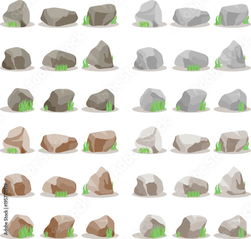 Stone rock boulders set with green grass for game landscape environment design vector illustration isolated
