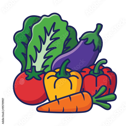 A colorful assortment of fresh vegetables including lettuce eggplant and peppers