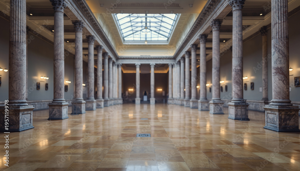 Naklejka premium Spacious hall with tall columns and a glass ceiling.