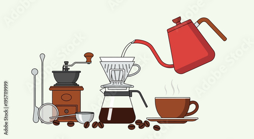 Pour Over Coffee Brewing Process with Kettle Grinder and Cup.