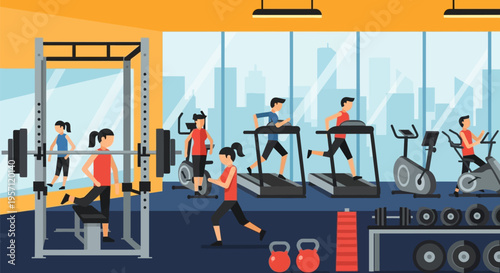 People exercising in a modern gym with various fitness equipment.