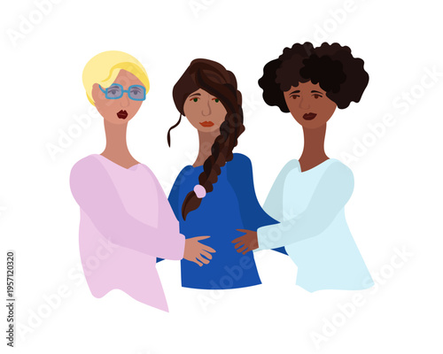 Vector illustration of three diverse women hugging and supporting each other, conceptual image of female friendship, sisterhood, and community empowerment