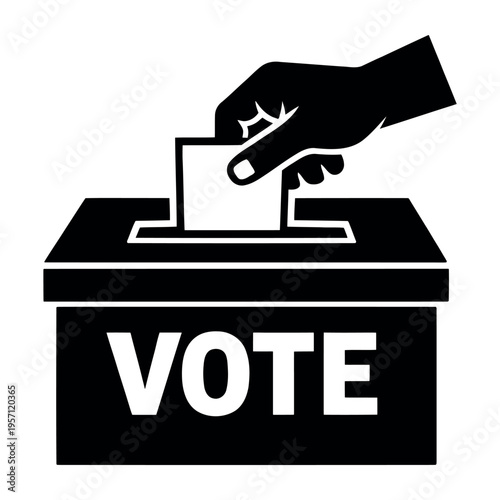 Hand placing a folded ballot paper into a black ballot box with the word VOTE, symbolizing democracy, suffrage, and political participation