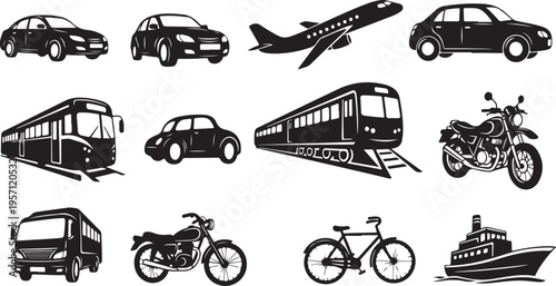 Various Transportation Modes Icons in Black and White Color Scheme