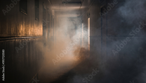 A dimly lit corridor filled with thick smoke or fog.