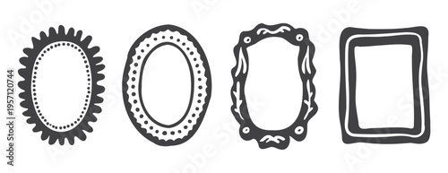 Set of bold black ink frames with linocut and woodcut textures. Hand-drawn decorative borders, wobbly oval shapes, and naive graphic elements isolated on white for creative design