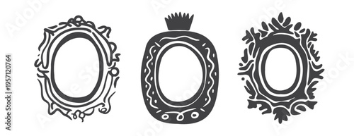 Set of hand-drawn black ink frames in linocut style. Ornate oval borders with crown and floral motifs. Bold decorative elements for vintage design, isolated on white background