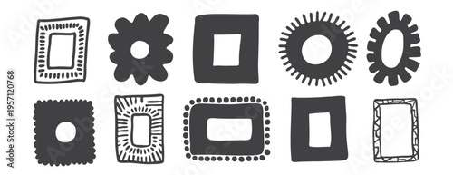 Collection of hand-drawn black ink frames in linocut style. Naive doodle borders, square and oval shapes with bold textures. Creative design elements isolated on white background