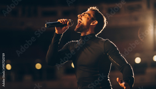 A male singer passionately performing with a microphone on stage.