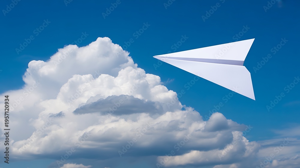Fototapeta premium Paper airplane flying in blue sky with white clouds
