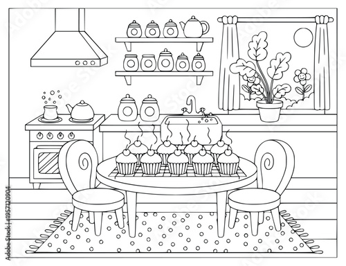 Kitchen coloring page for kids with steaming cupcakes on a dining table
