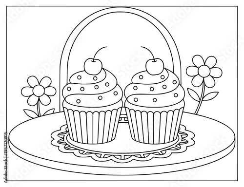 Cupcake coloring page showing two sweet muffins with flowers in the garden
