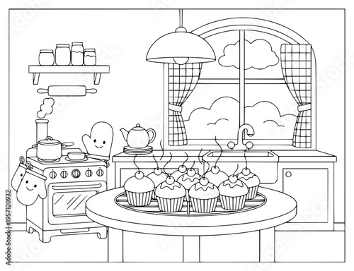 Cupcake coloring page with many sweet muffins cooling on a kitchen table