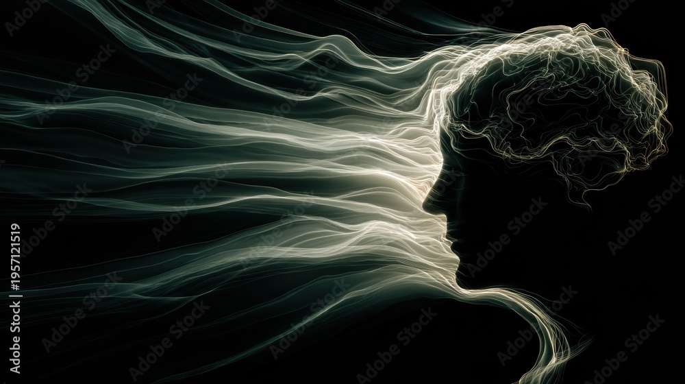 Obraz premium Light Stream Enters Brain Silhouette, Showing the Flow of Knowledge and Ideas in a Creative Visual Representation