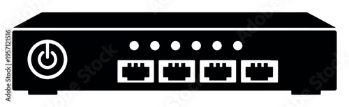 Network device displaying multiple ethernet ports, indicator lights, and a power button, signifying connectivity and technology