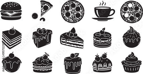 Variety of Desserts and Food Items in Black and White