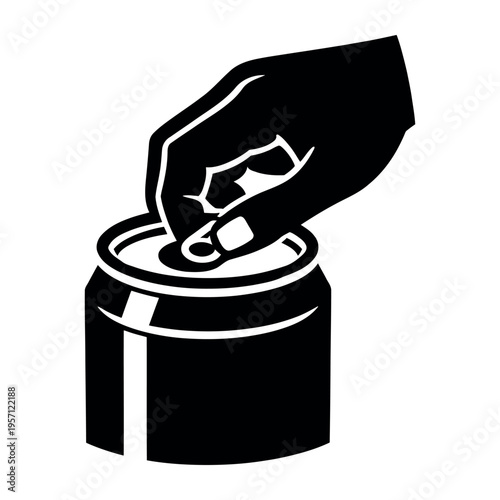 Hand opening a beverage can, pulling the ring tab to get a drink. Represents refreshing, thirsty, and consumer concept