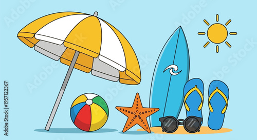 Summer Beach Essentials - Umbrella, Surfboard, Ball, Starfish, Sunglasses, and Flip-Flops.
