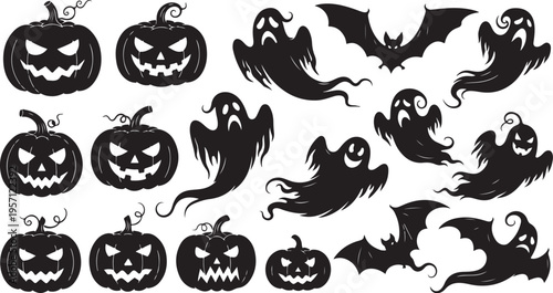 Halloween icons including pumpkins ghosts and bats on white background
