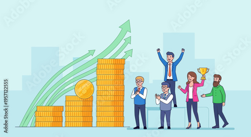Team celebrating financial growth and business success with increasing coin stacks.