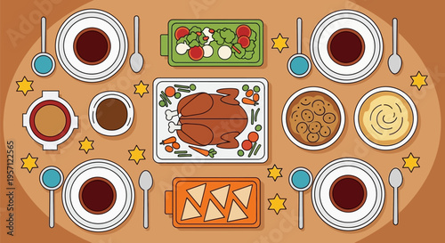 Thanksgiving Feast with Roasted Turkey and Side Dishes on a Dining Table.