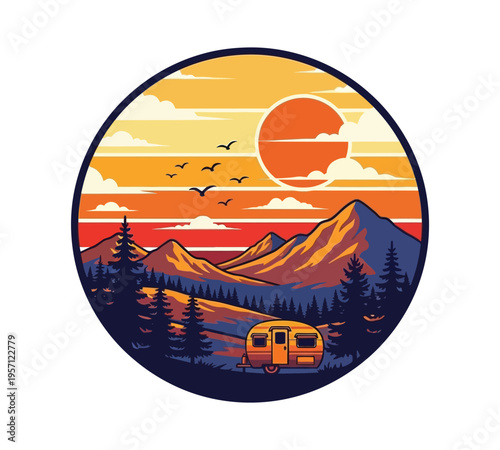 A retro circular illustration of a vintage camper parked in a peaceful mountain forest at sunset