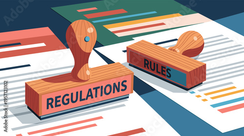 Regulations and rules stamps placed on document pile