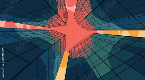 Skyscrapers converging toward sky viewed from ground level