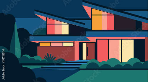 Modern house exterior illuminated at dusk with landscaping